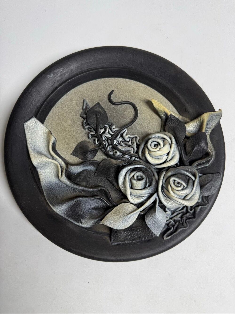 Vintage French Leather Wall Art Handmade 3D Floral Roses Round Decor 8,5”